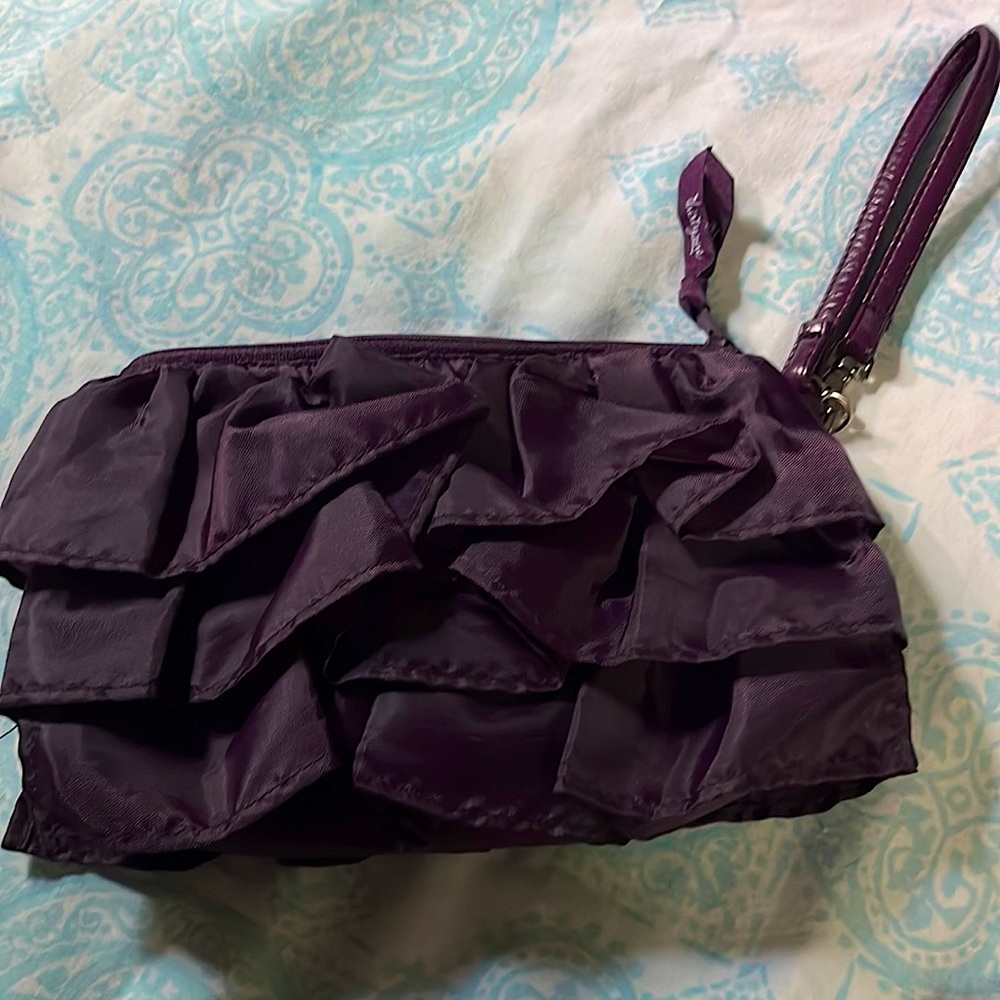Thirty-one zipper pouch wristlet makeup bag in plum with ruffles. Discount ship